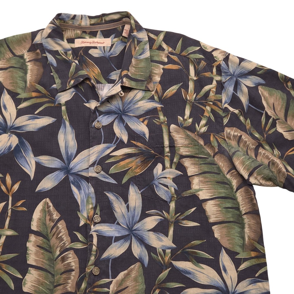 Tommy Bahama Silk Hawaiian Shirt Bamboo Floral Print Short Sleeve Mens Large‎